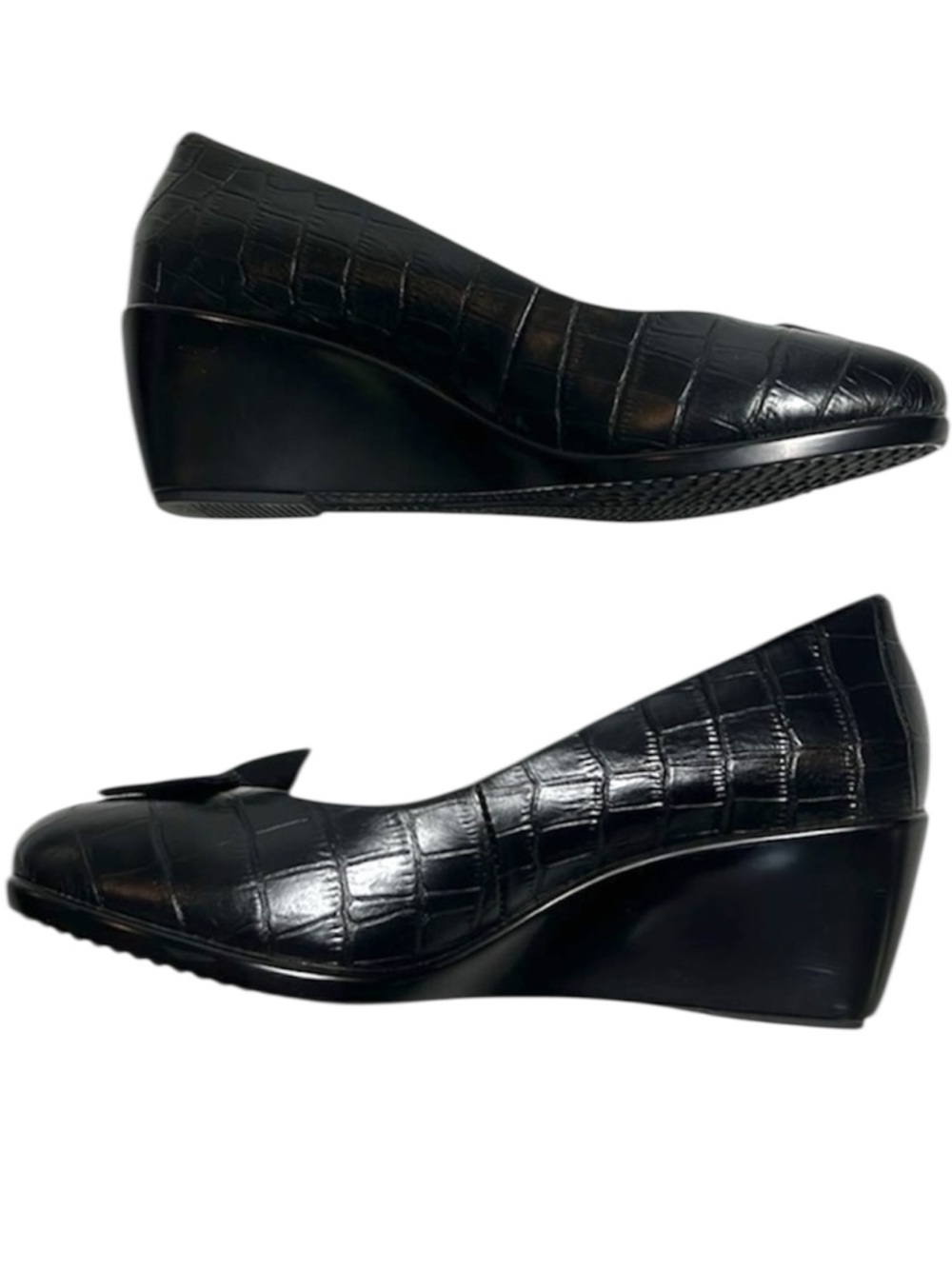 Vionic Lena Black Croc Embossed Leather Wedge Heels Bow Orthaheel Size 6.5